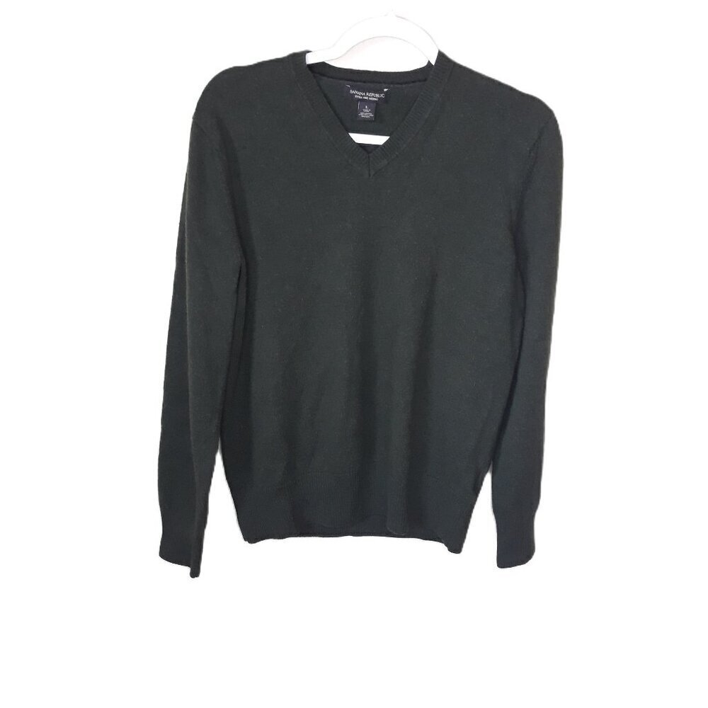 Banana Republic Green Extra Fine Merino Wool V-Neck Sweater L Tailored Office